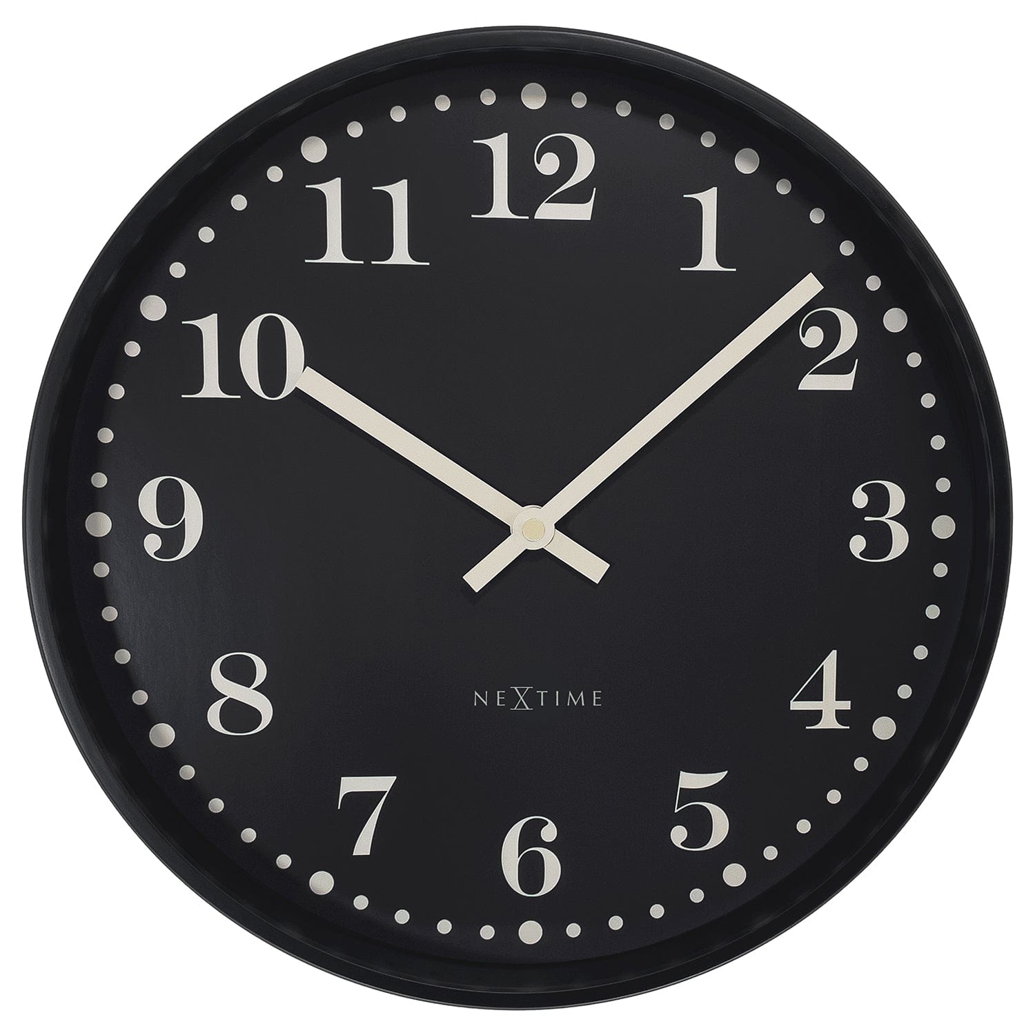 NeXtime Dickens wall clock, 30cm black and white plastic clock with silent movement, front view showing clock face and hands.